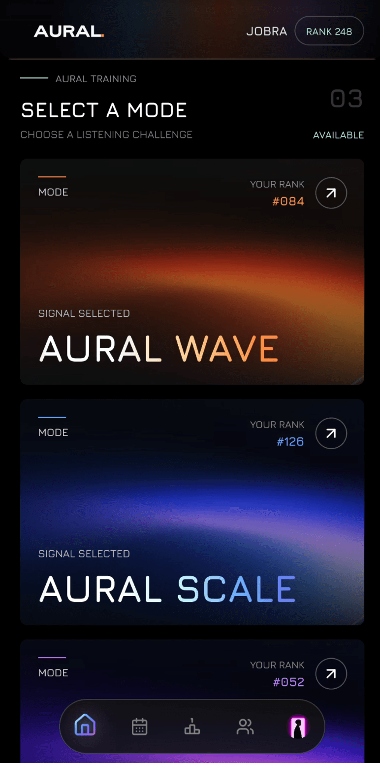 Seleção de modos da app AURAL